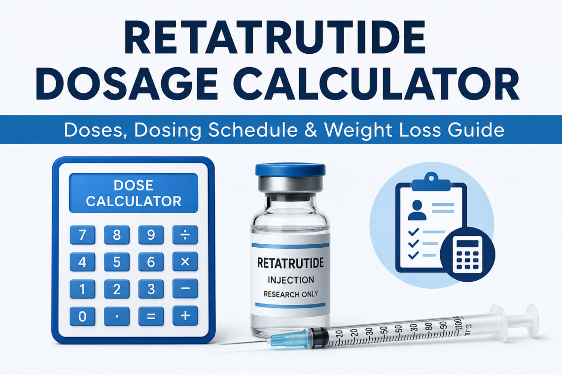 Retatrutide dosage calculator showing clinical trial dose information, syringe, and research-only medication vial