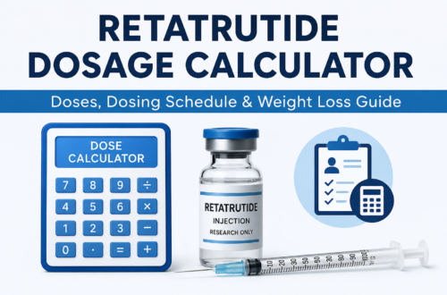 Retatrutide dosage calculator showing clinical trial dose information, syringe, and research-only medication vial