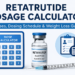 Retatrutide dosage calculator showing clinical trial dose information, syringe, and research-only medication vial