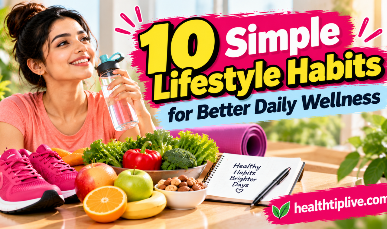 Healthy lifestyle habits featuring nutritious food, water, walking shoes, a journal, and daily wellness essentials.