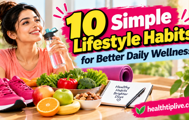 Healthy lifestyle habits featuring nutritious food, water, walking shoes, a journal, and daily wellness essentials.